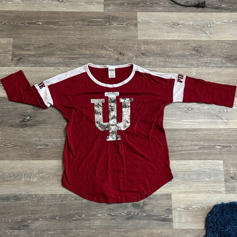 Red and White 3/4 Sleeve with IU Indiana Logo
